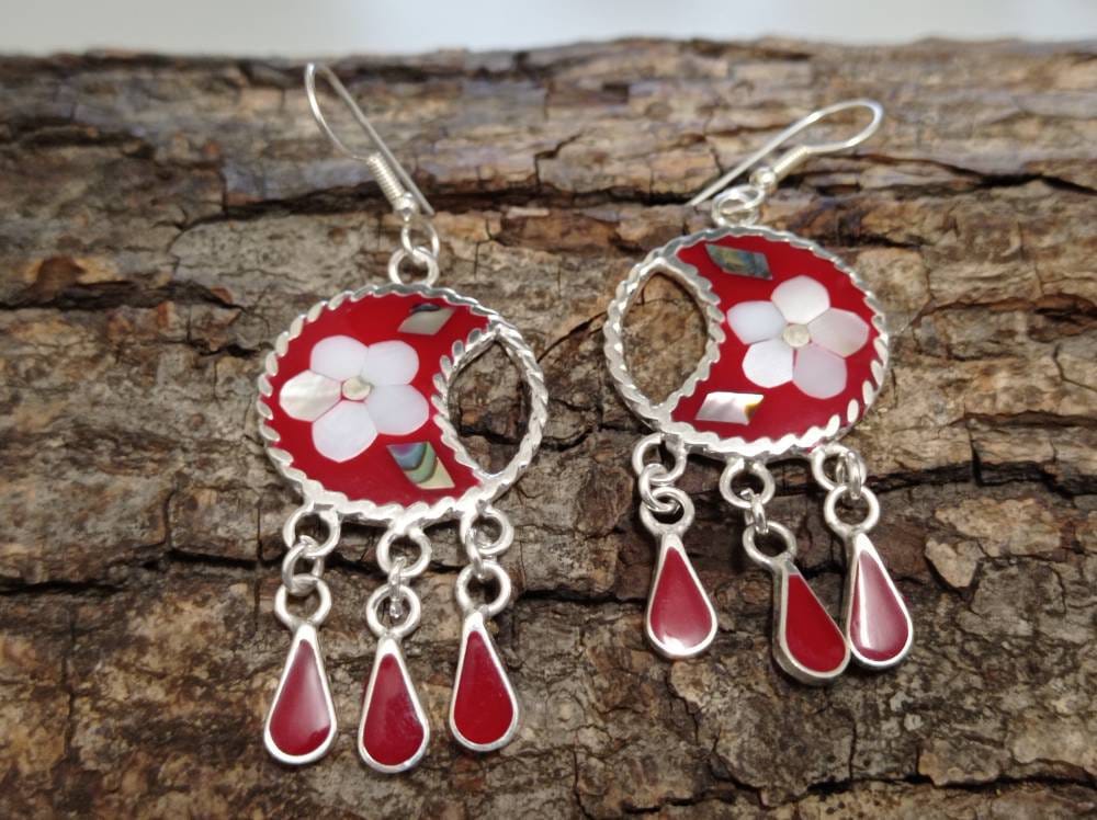 Red earrings with  Mother of Pearl flower inlay ,circle  abalone  mexican chimal  earrings ,dangle hook daisy earrings,moon tassel earrings,