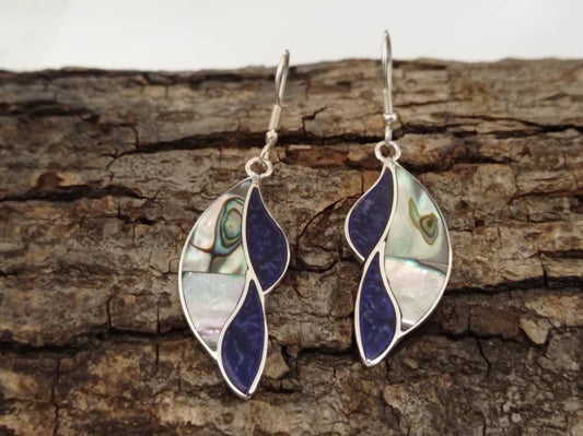 Art deco abalone shell  earrings with blue enamel effect resin,Silver plated hook earrings, geometric dangle earrings,mexican wing earring