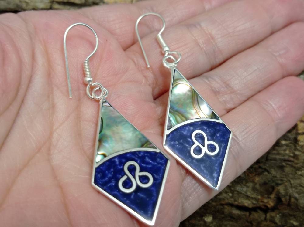 Art deco abalone shell and blue enamel effect resin mexican rhombus earrings,Silver plated hook earrings, geometric dangle  earrings