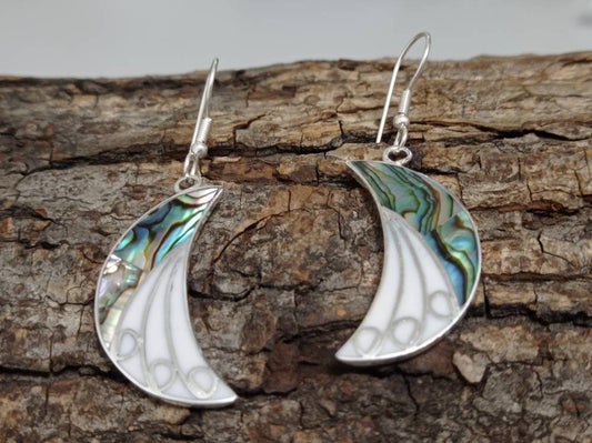 Handmade art deco style abalone crecent moon with white enamel effect resin  earrings,Silver plated planet earrings,Hook  celestial earrings