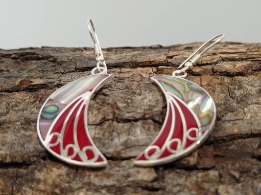 Handmade art deco style abalone crecent moon by earring , red enamel effect resin celestial earrings ,Silver plated planet dangle earrings,