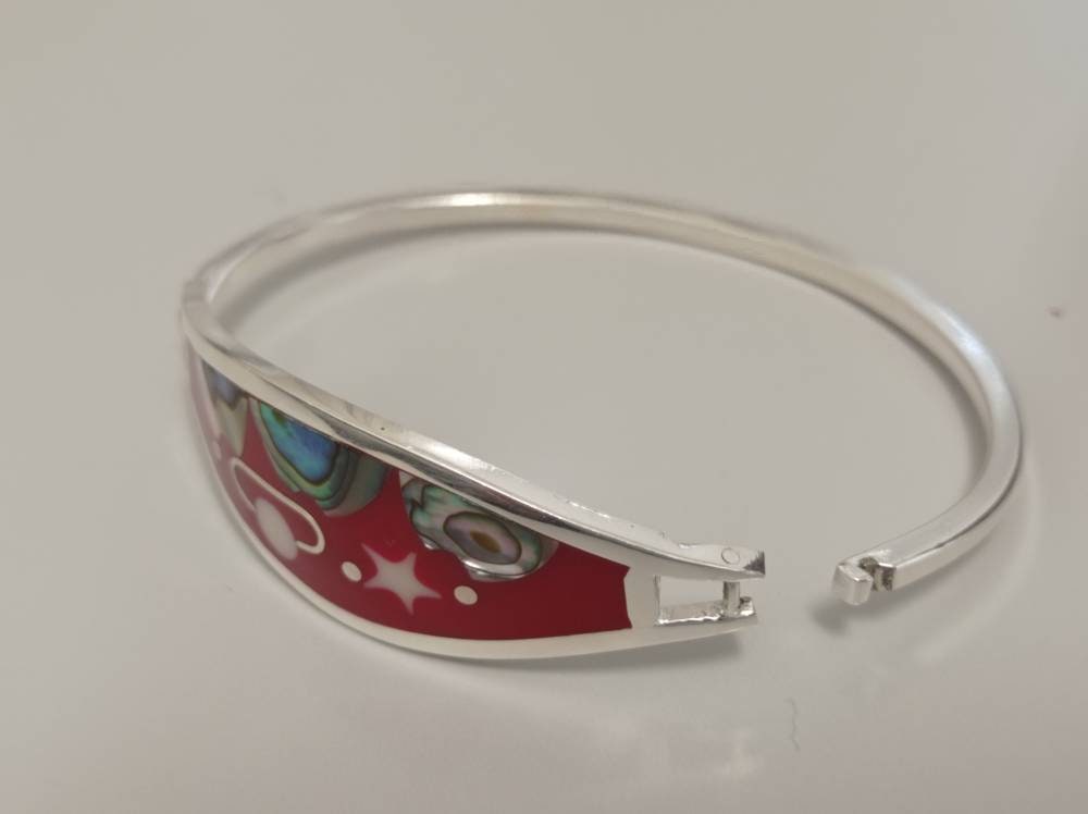 Abalone inlay moon and saturn  bracelet, Silver plated celestial bracelet, red bracelet, Planet bohochic jewelry, landscape mexican bracelet