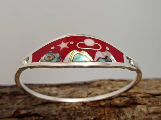 Abalone inlay moon and saturn  bracelet, Silver plated celestial bracelet, red bracelet, Planet bohochic jewelry, landscape mexican bracelet