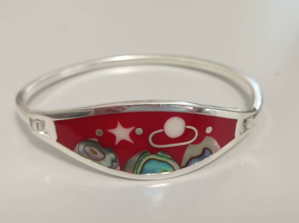 Abalone inlay moon and saturn  bracelet, Silver plated celestial bracelet, red bracelet, Planet bohochic jewelry, landscape mexican bracelet