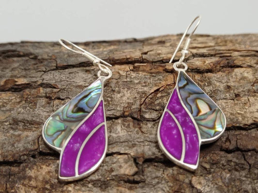 Art deco abalone shell and Bougainvillea enamel effect resin mexican earrings,Silver plated hook earrings, geometric wing earrings