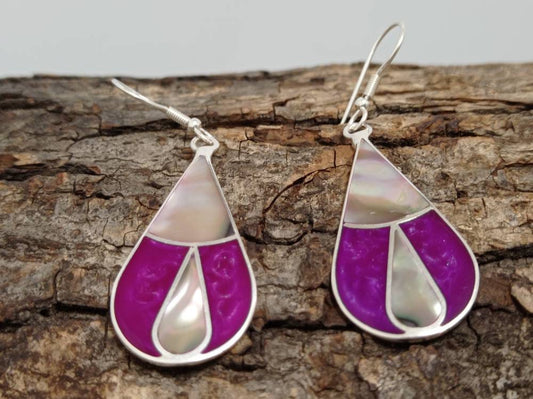 Art deco abalone shell  bougainvillea enamel effect resin mexican earrings,Silver plated hook earrings, geometric drop dangle earrings