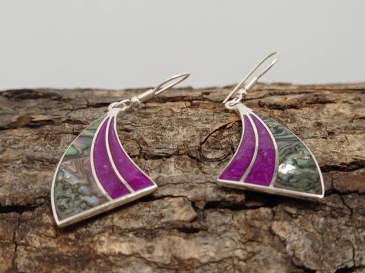 Art deco abalone shell and Bougainvillea enamel effect resin mexican earrings,Silver plated hook earrings, geometric earrings