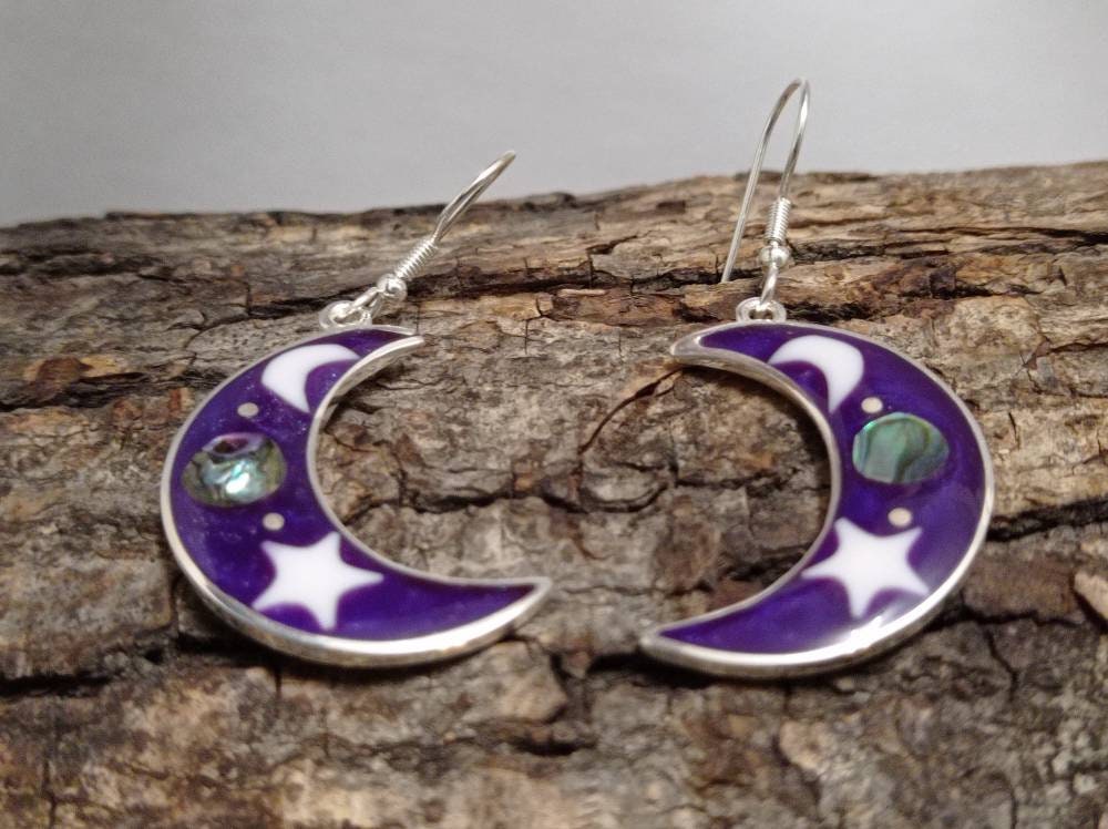 Abalone inlay moon and star mexican  earrings, ,Silver plated planet earrings,Hook cosmic earrings, landscape earrings,purple earrings