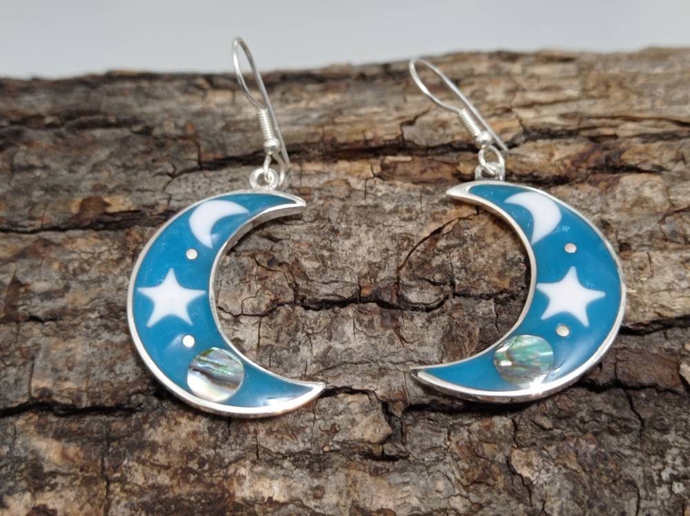 Celestial earrings,abalone inlay moon and star mexican blue earrings, ,Silver plated planet earrings,Hook cosmic earrings,landscape earrings