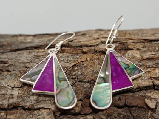 Art deco abalone shell and Bougainvillea enamel effect resin mexican fan earrings,Silver plated hook earrings, geometric earrings