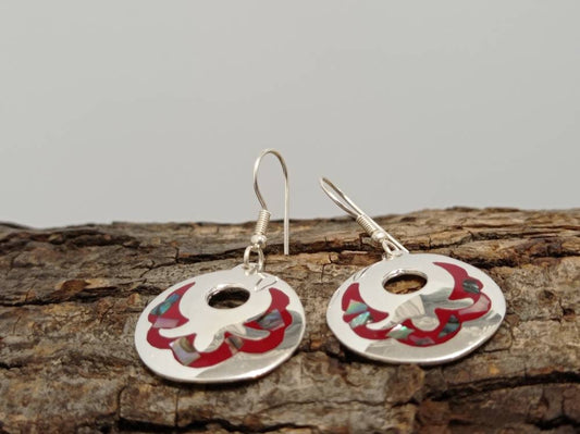 Handmade abalone inlay red enamel mexican hoop earrings, Silver plated aztec earrings, azteca earrings geometric earrings