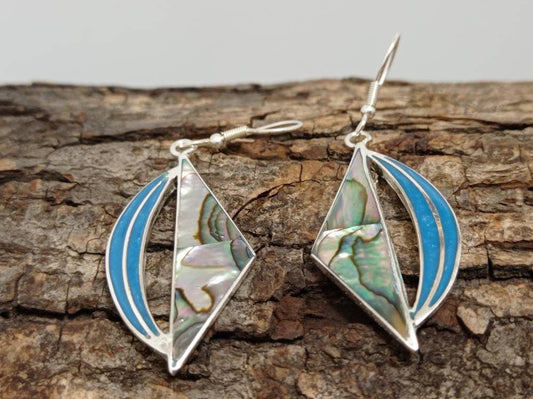 Art deco triangle abalone earrings,  blue enamel effect resin moon  earrings,Silver plated hook mexican  earrings, celestial  earrings