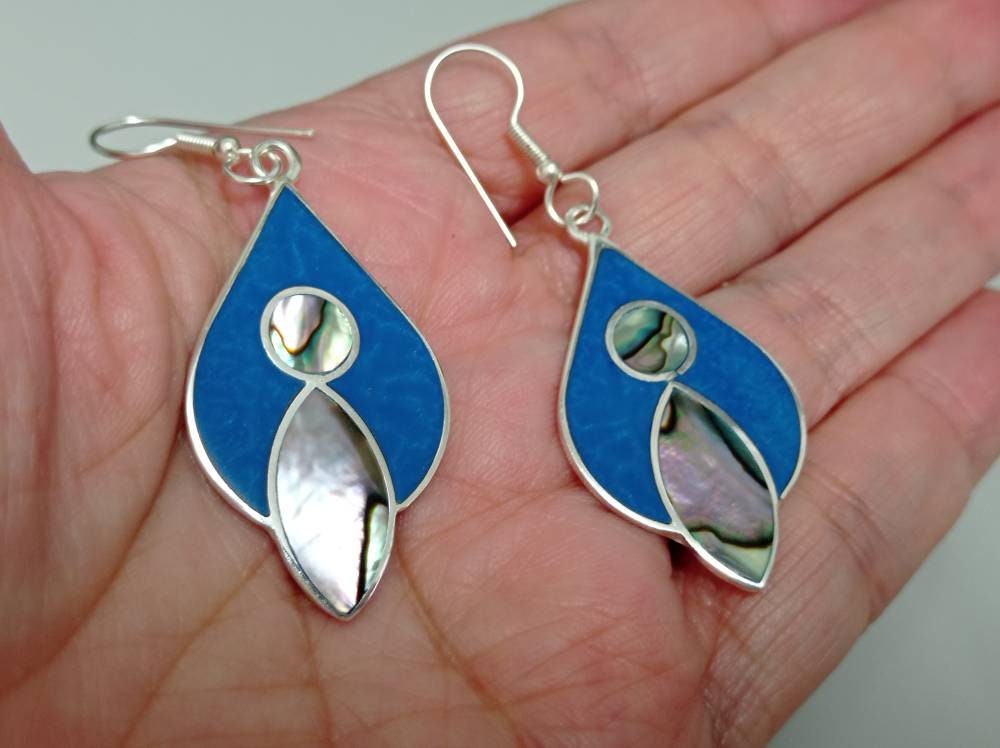 Art deco abalone shell and blue enamel effect resin mexican geometric  earrings,Silver plated hook earrings,  blue drop earrings