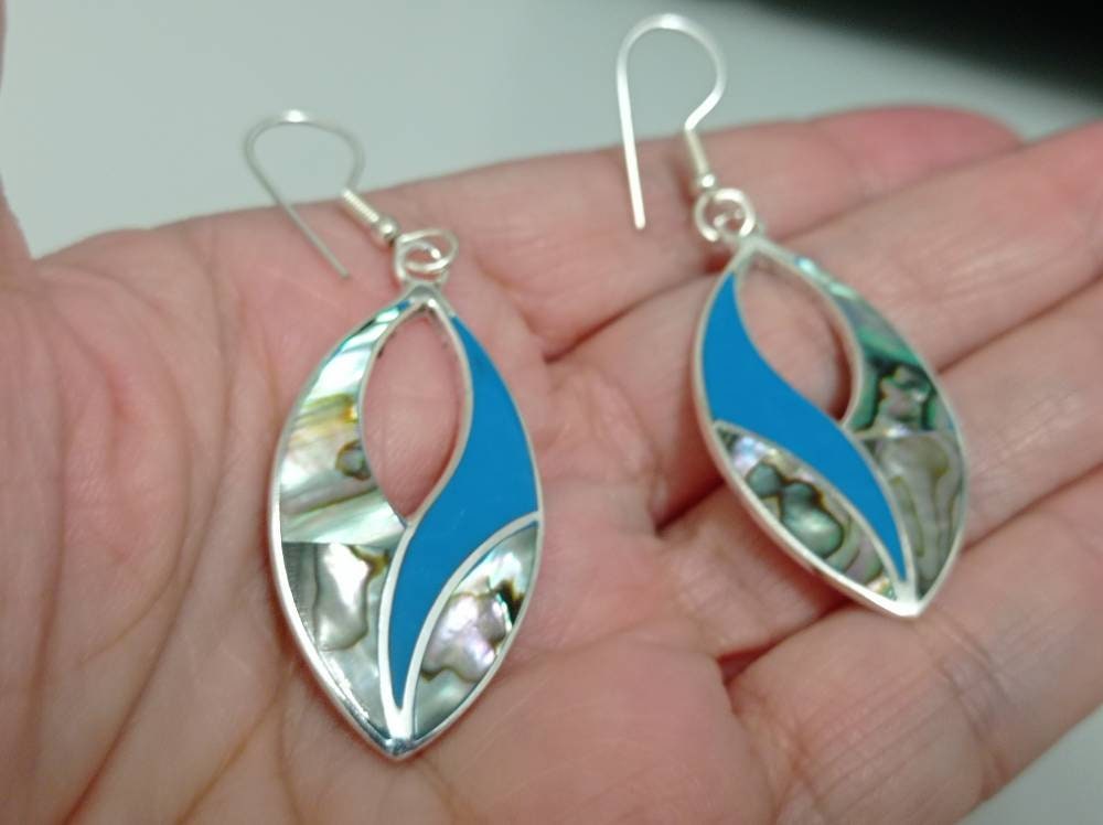 Abalone shell and blue enamel effect resin mexican  oval earrings,Silver plated hook earrings, geometric blue hoop  earrings