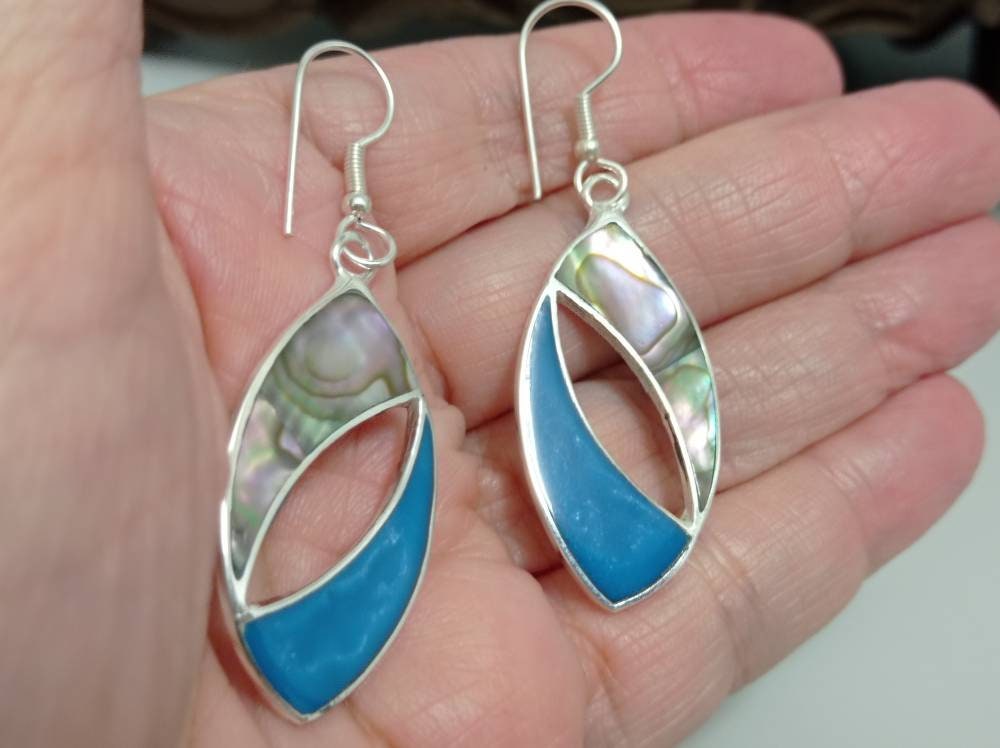 Art deco abalone shell and blue enamel effect resin mexican  oval earrings,Silver plated hook earrings, geometric blue  earrings