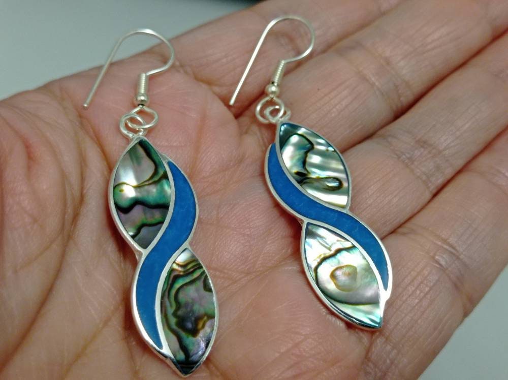 Mexican  abalone shell and light blue enamel effect resin infinite earrings,Silver plated hook earrings, geometric earrings