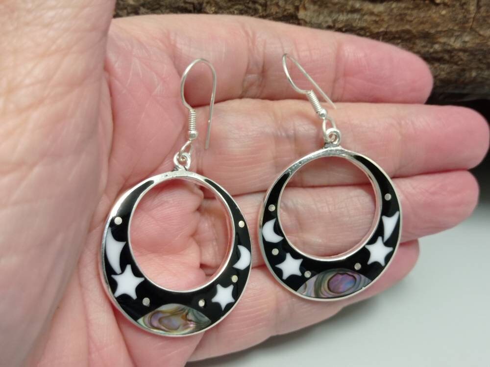 Mother of pearl moon and star earrings,abalone inlay hoop dangle black earrings ,silver plated kite hook dangle earrings, landscape earrings