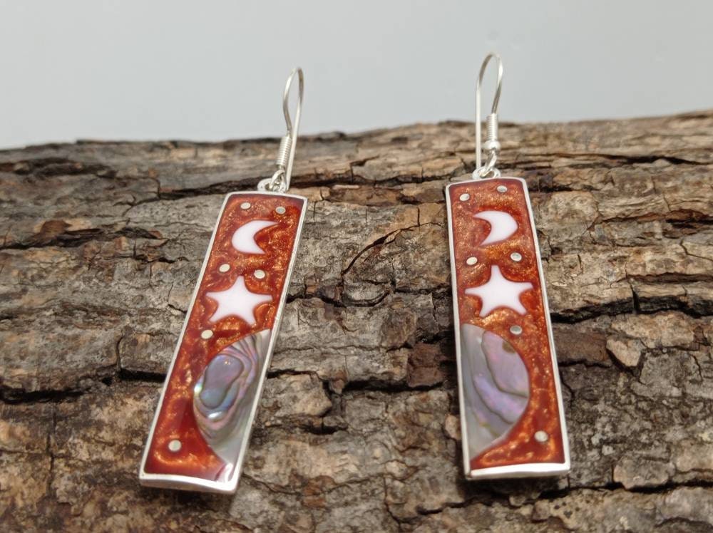 Celestial earrings,abalone inlay moon and star brown earrings, Mexican earrings, Silver plated hook celestial earrings, landscape earrings