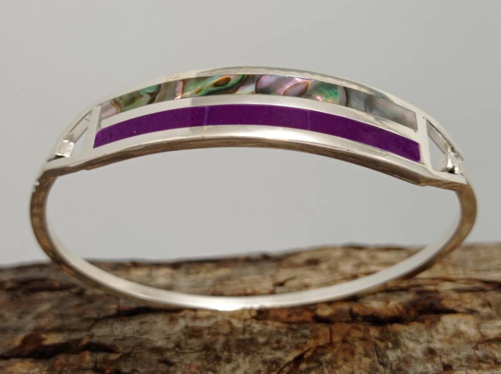 Rectangle abalone mexican bracelet and purple enamel effect resin, art deco silver plated bracelet,  geometric bracelet