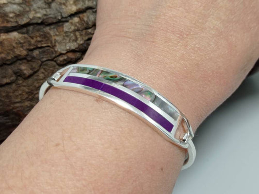 Rectangle abalone mexican bracelet and purple enamel effect resin, art deco silver plated bracelet,  geometric bracelet