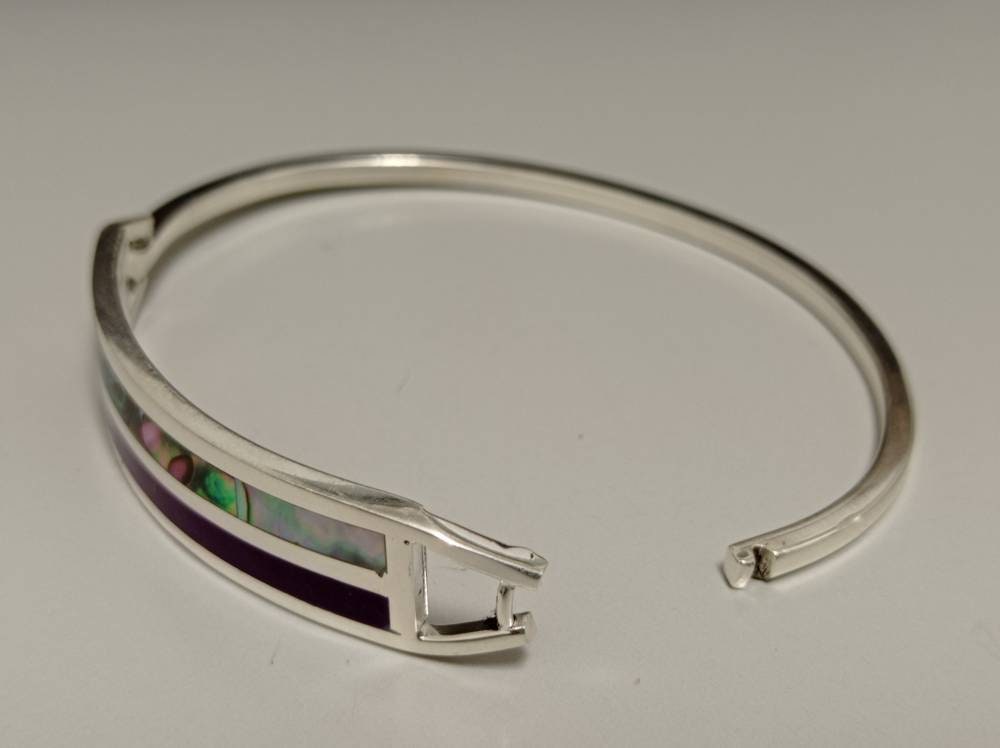 Rectangle abalone mexican bracelet and purple enamel effect resin, art deco silver plated bracelet,  geometric bracelet