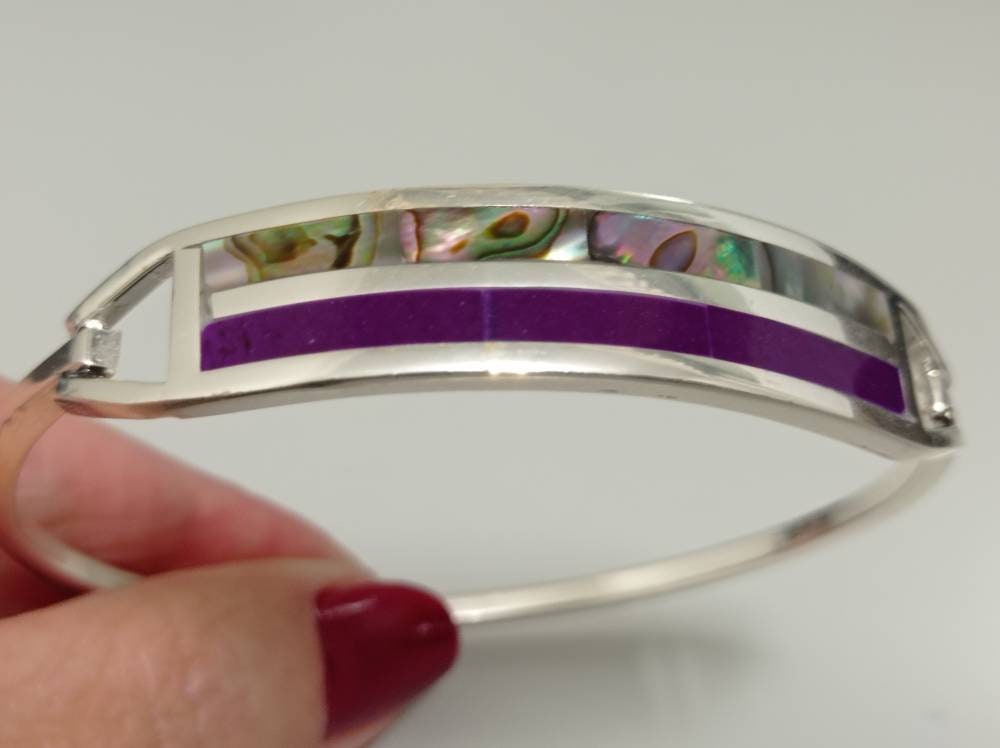 Rectangle abalone mexican bracelet and purple enamel effect resin, art deco silver plated bracelet,  geometric bracelet