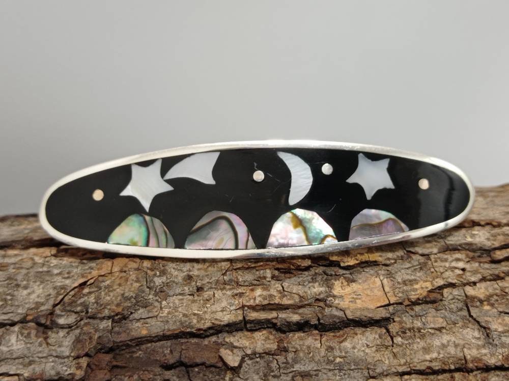 Celestial black hair clip, moon ,star and kite hair barrette planet silver plated abalone and mother of pearl hair clip