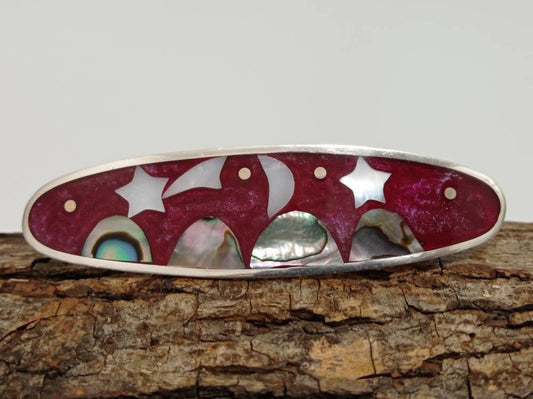 Celestial french barrette,mother of pearl moon,star and kite hair barrette,celestial hair clip, Silver plated landscape abalone hair clip