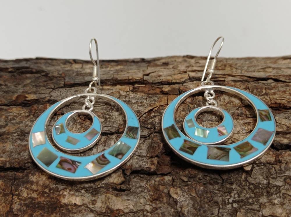 Mexican abalone inlay blue resin double hoop silver plated earrings,