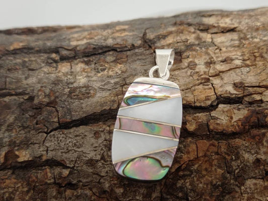 abalone and mother of pearl pendant,geometric pendant, Silver plated pendant,art deco white pendant, mexican pendant , iridescent pendant