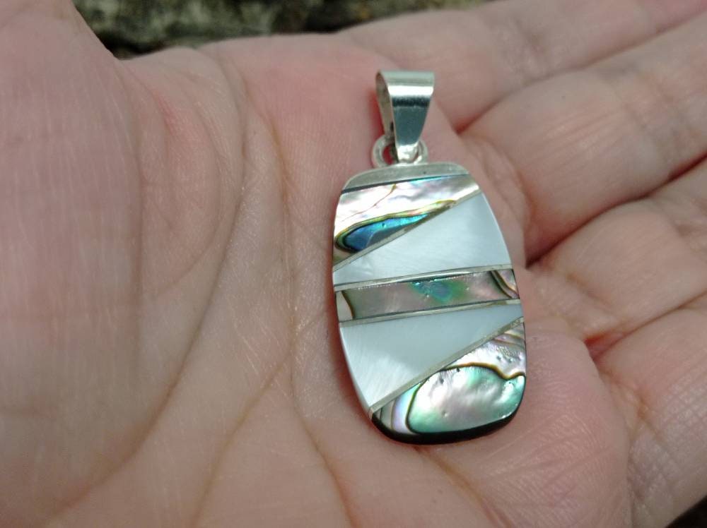 abalone and mother of pearl pendant,geometric pendant, Silver plated pendant,art deco white pendant, mexican pendant , iridescent pendant