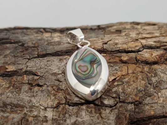 Iridescent abalone shell teardrop pendant, Silver plate geometric mexican jewelry