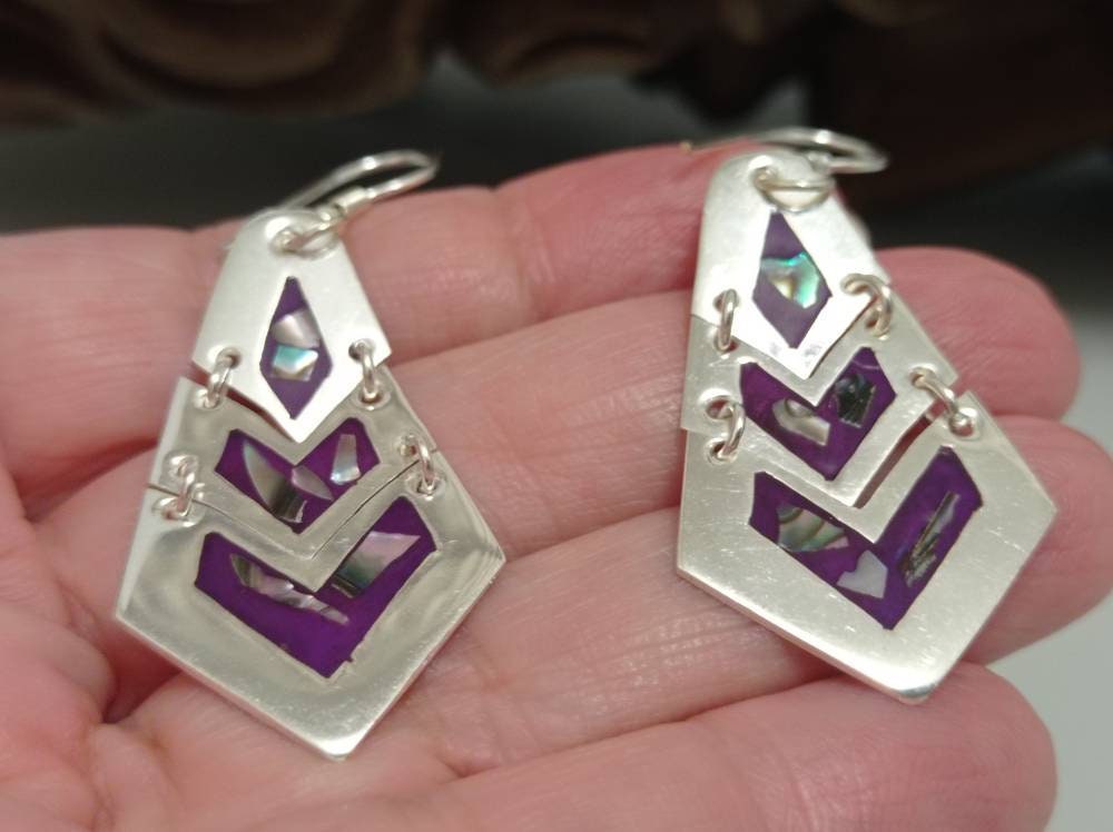 Mosaic abalone inlay purple resin enamel chain link earrings,shimmering dangle hook mexican earrings