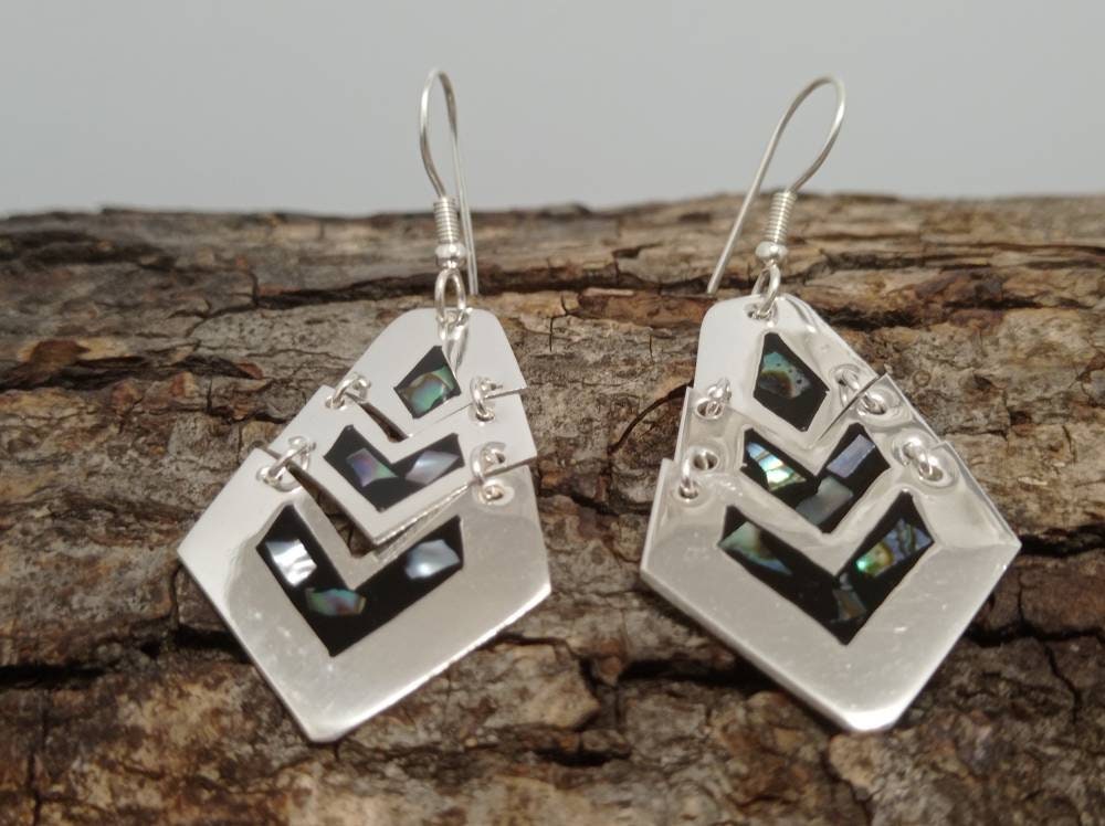 Silver plated mosaic abalone inlay black resin  articulated earrings