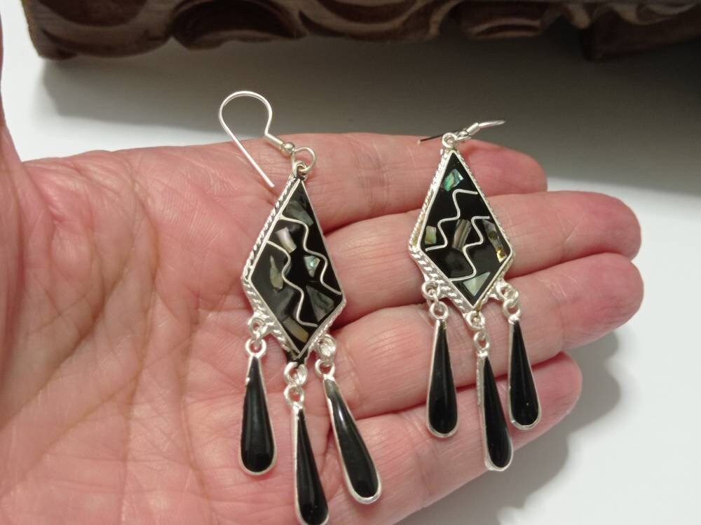 Abalone inlay black rhomb earrings, Mexican tassel earrings, Silver plated earrings, Hook earrings, geometric  chimal dangle black earrings,