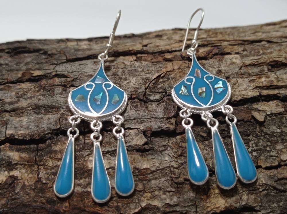 Abalone inlay blue drop earrings, Mexican tassel earrings, Silver plated earrings, Hook earrings, geometric  chimal earrings,dangle earrings