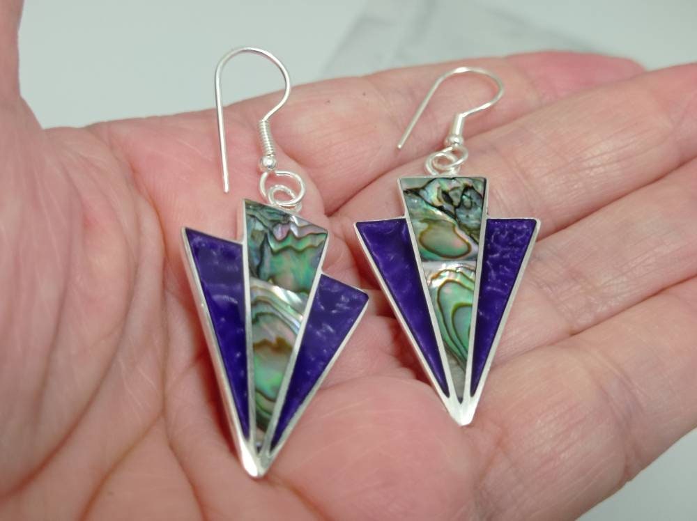 Art deco abalone shell fan earrings,enamel effect resin mexican fan earrings,Silver plated hook  earrings,geometric dangle handmade earrings