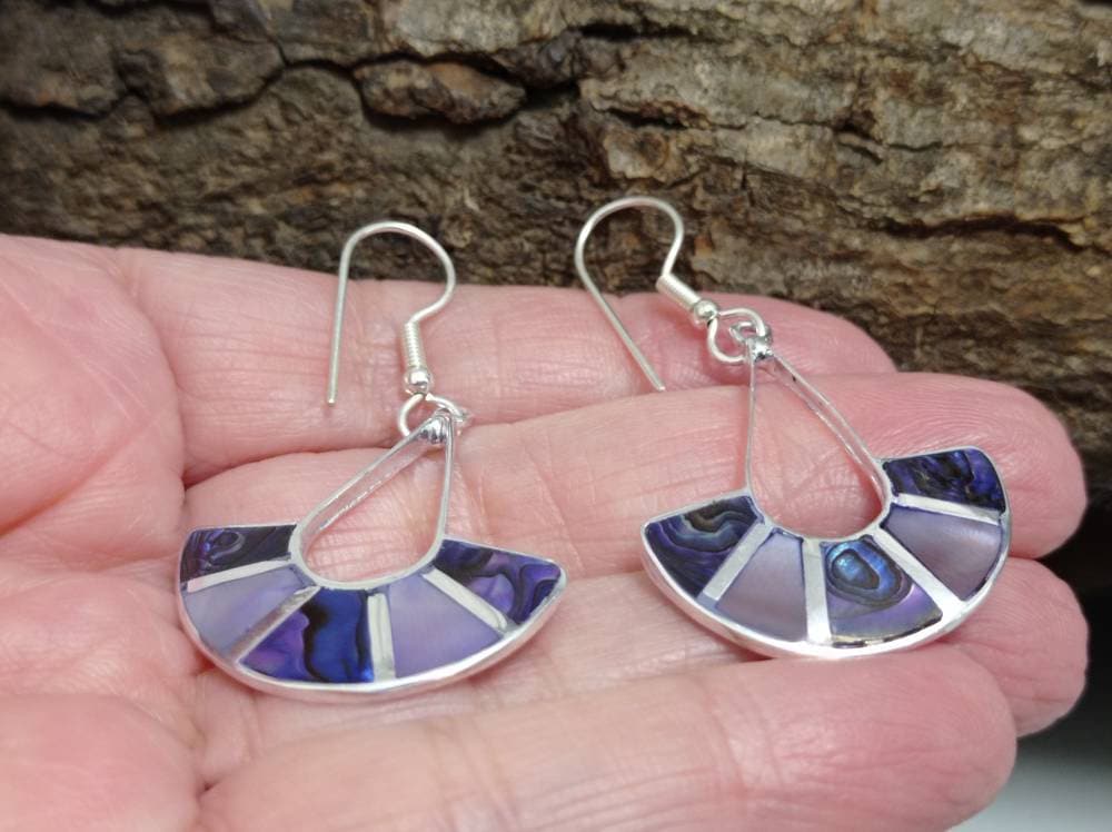 Mexican silver plated purple abalone fan dangle hook earrings