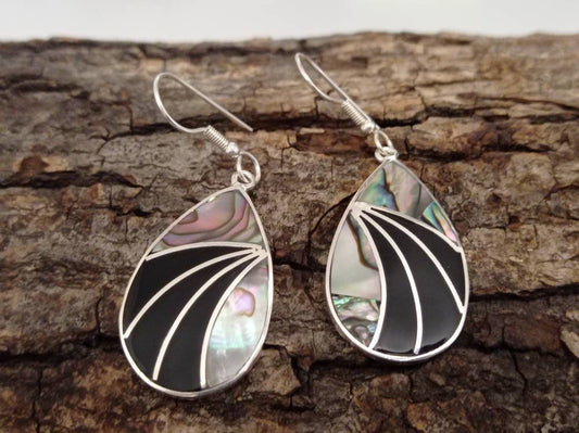 Art deco abalone shell teardrop earrings with black enamel effect resin,Silver plated hook mexican  earrings, geometric handmade earrings,