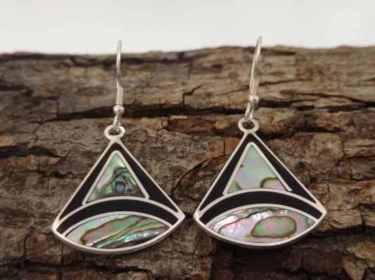 Art deco abalone inlay triangle earrings ,enamel effect resin mexican  earrings,Silver plated hook dangle earrings, handmade black earrings