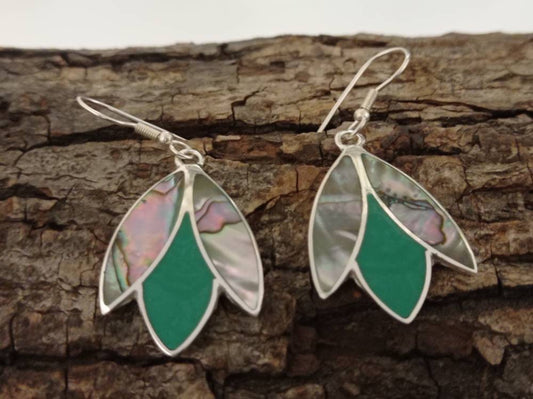 Art deco abalone shell and green enamel effect resin mexican snowdrop earrings,Silver plated hook earrings, geometric green earrings