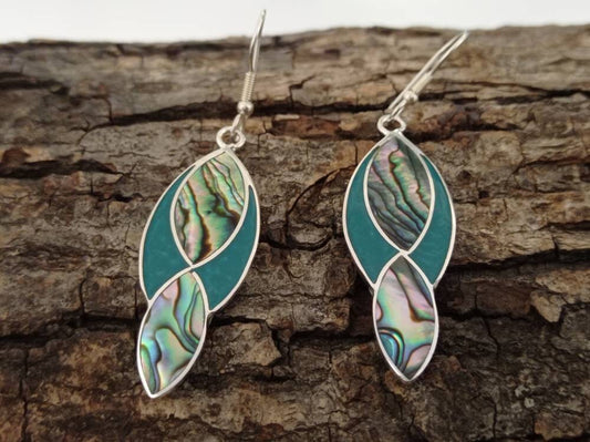 Mexican abalone shell  and green enamel effect resin mexican earrings,Silver plated hook earrings, geometric earrings,teardrop earrings