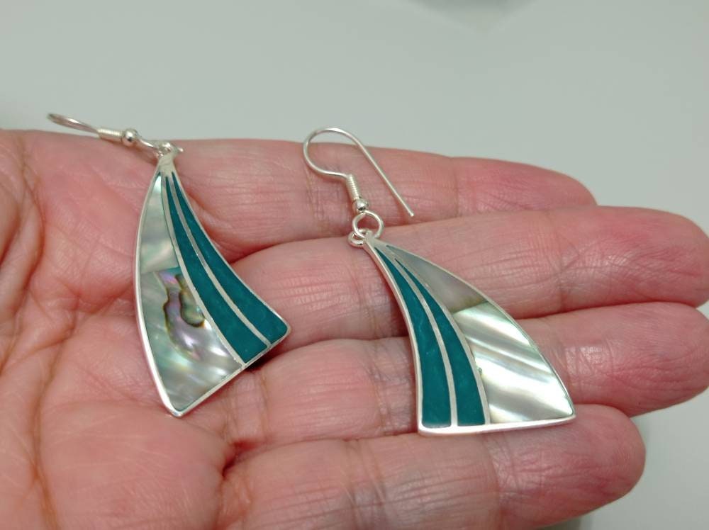 Art deco abalone inlay green triangle earrings, Mexican earrings,silver plated hook dangleearrings, chandelier  earrings, geometric jewelry