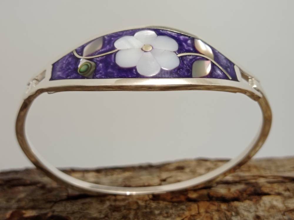 Mother of pearl flower  bangle,mexican silver plated bracelet, purple hinge bracelet, geometric abalone bracelet, Ethnic enamel bar bracelet