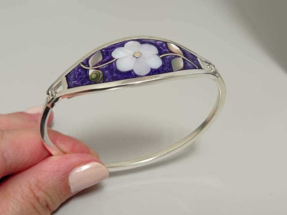 Mother of pearl flower  bangle,mexican silver plated bracelet, purple hinge bracelet, geometric abalone bracelet, Ethnic enamel bar bracelet