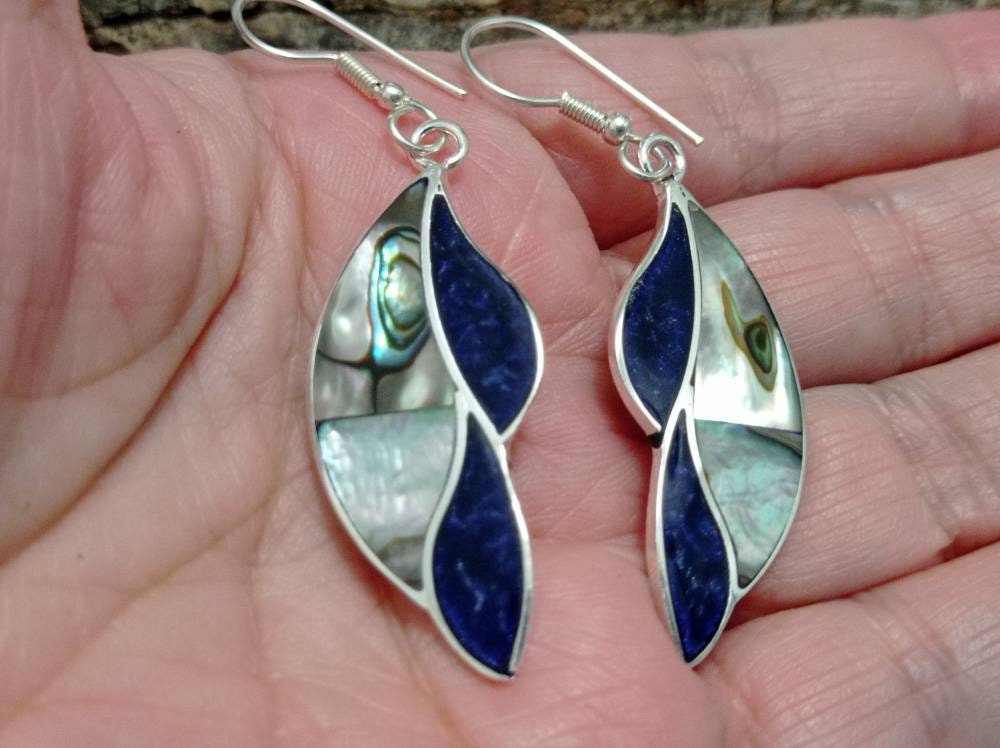 Art deco abalone shell  earrings with blue enamel effect resin,Silver plated hook earrings, geometric dangle earrings,mexican wing earring