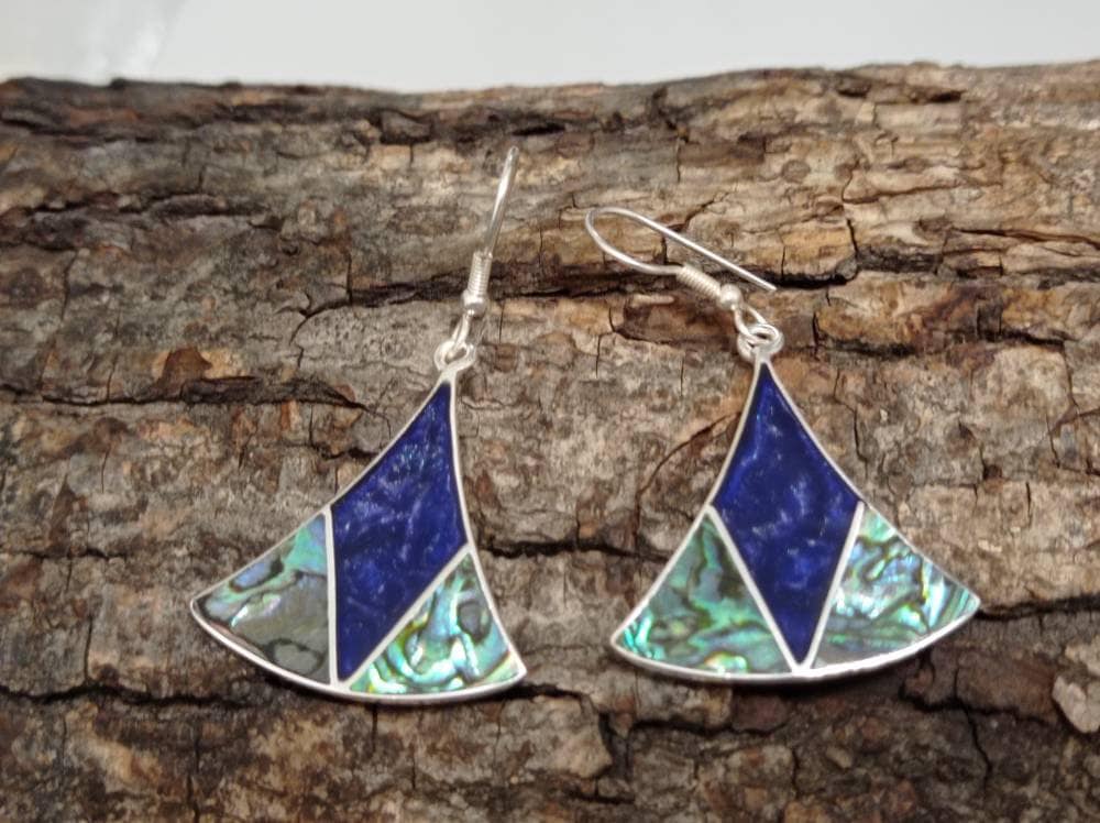 Art deco abalone inlay blue triangle earrings, Mexican earrings,silver plated hook dangle earrings, chandelier  earrings, geometric jewelry