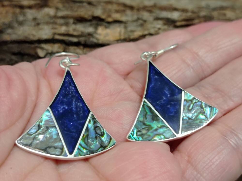 Art deco abalone inlay blue triangle earrings, Mexican earrings,silver plated hook dangle earrings, chandelier  earrings, geometric jewelry