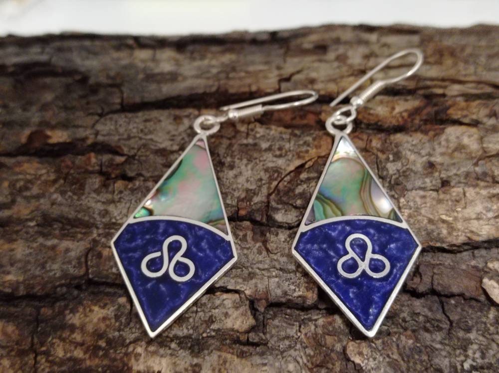 Art deco abalone shell and blue enamel effect resin mexican rhombus earrings,Silver plated hook earrings, geometric dangle  earrings