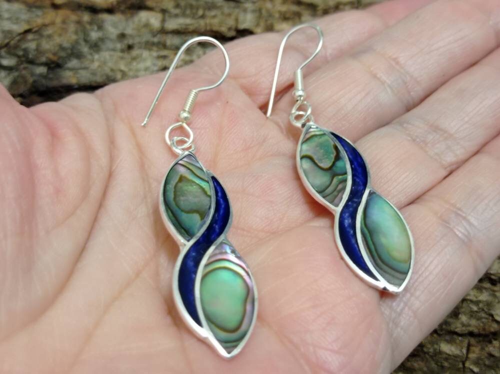 Unique abalone shell and blue enamel effect resin mexican infinite earrings,Silver plated hook earrings, geometric earrings